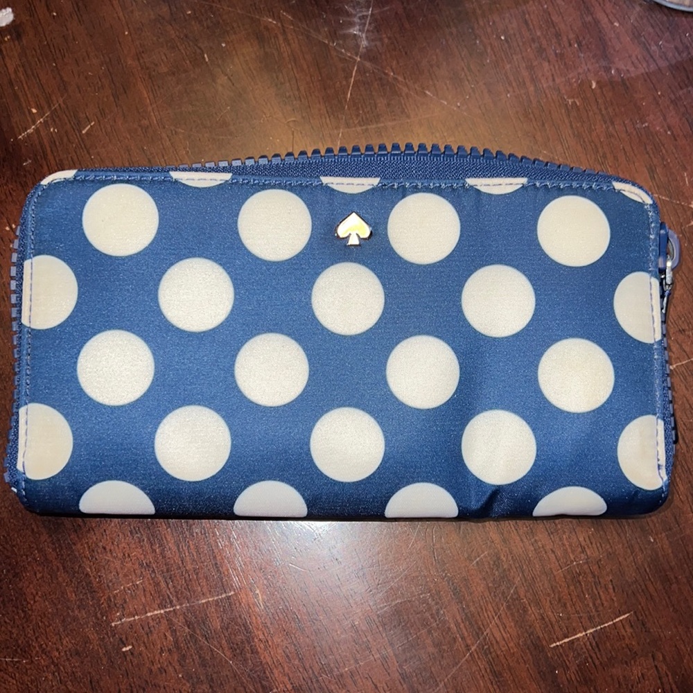 Kate, spade, large cotton, metal, wallet, Joe seesaw dot multi blue